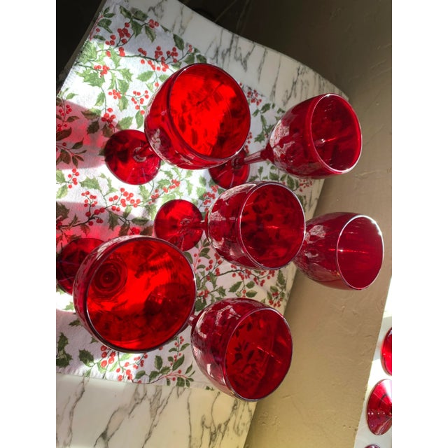 Vintage Ruby Red Handblown Glass Water Goblets Set of 6 For Sale In Palm Springs - Image 6 of 12