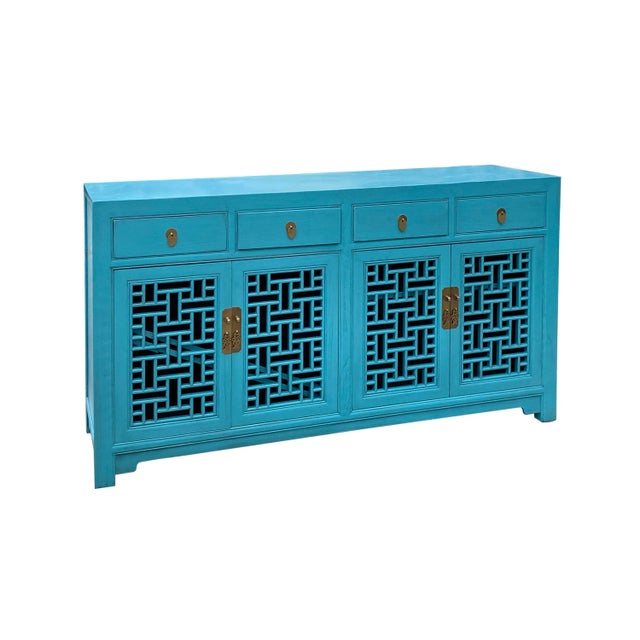Boho Chic Asian Pastel Blue Shutter Doors Hardware Sideboard Credenza Console Cabinet For Sale - Image 3 of 7