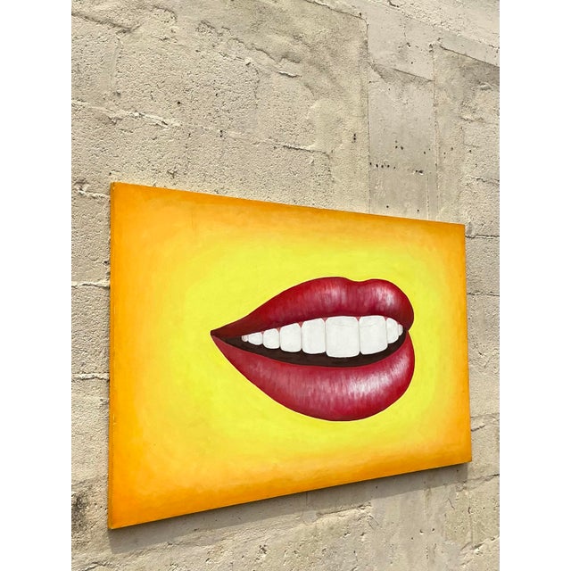 Late 20th Century Vintage Boho Original Lips Oil Painting on Canvas For Sale - Image 4 of 10