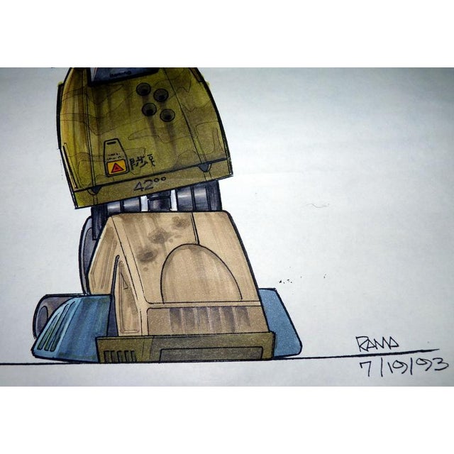 Green Two Original Sci-Fi Movie Concept Paintings 1993 Jamie Rama "Manned Armed Droid Fighter" For Sale - Image 8 of 14