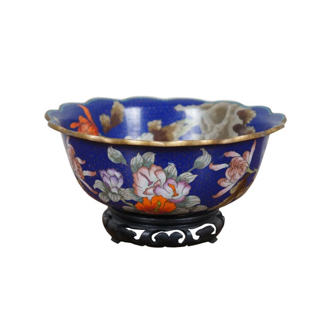 Vintage Chinese cloisonne bowl / centerpiece with scalloped rim, decorated with pink and orange chrysanthemums, brown and...