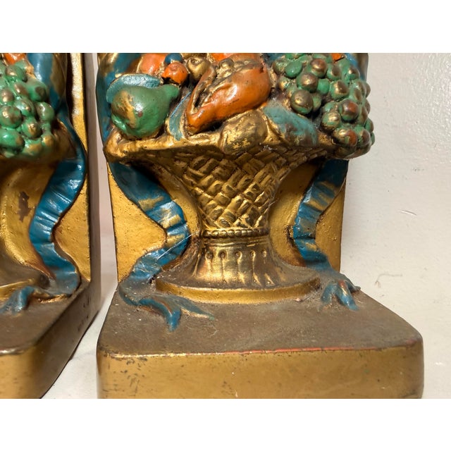 Metal Large Pair Antique j.b. Hirsch Patinated Bronze Clad Fruit Baskets Bookends For Sale - Image 7 of 12