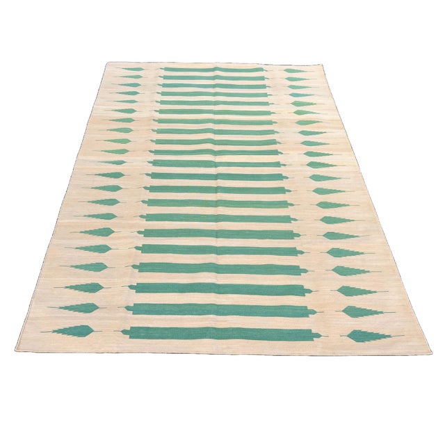Handwoven Cotton Area Rug, Vegetable Dyed Yellow and Green Striped Dhurrie - 8'x10' For Sale - Image 9 of 10