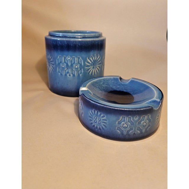 Mid Century Danish Modern Humidor Ashtray Combination Blue Pottery For Sale In Chicago - Image 6 of 7