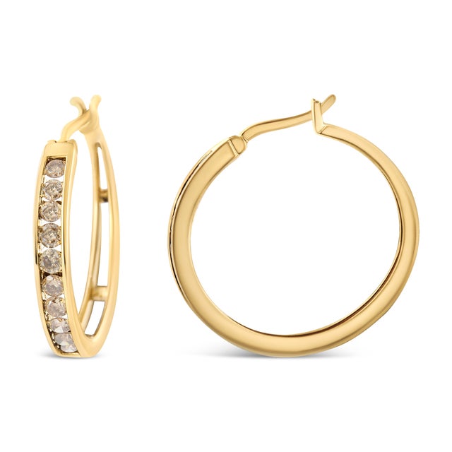 Contemporary 14K Yellow Gold Plated .925 Sterling Silver 1.0 Cttw Channel Set Champagne Diamond Hoop Earrings with Snap Post (K-L Color, I1-I2 Clarity) For Sale - Image 3 of 5