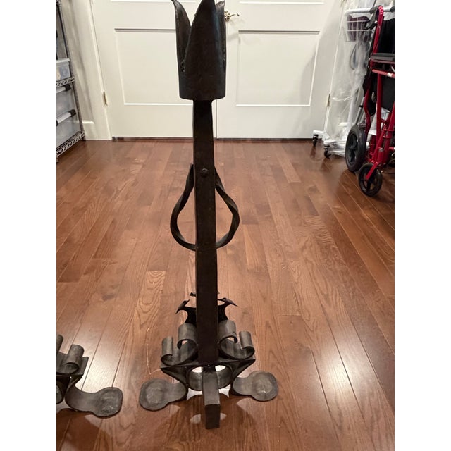 Metal Antique French Medieval-Style Wrought Iron Andirons For Sale - Image 7 of 8