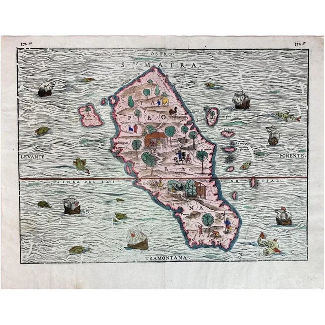 Hand-Colored Woodcut Map of Sumatra from Ramusios Delle Navigationi, 1606 For Sale - Image 6 of 6