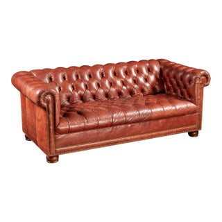 Vintage Burnt-Red Leather Tufted Chesterfield Sofa With Nailhead Trim For Sale