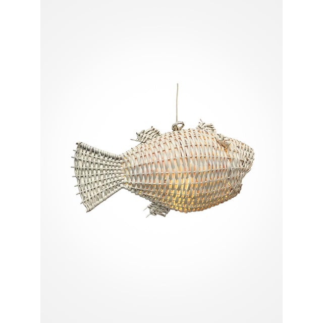 Unique handwrought white painted wicker Fish pendant lamp from the 60s. Special and playfull design of natural materials,...