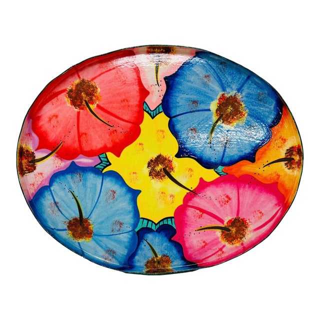 Vintage Colorful Hand-Painted Hibiscus Wood Tray For Sale