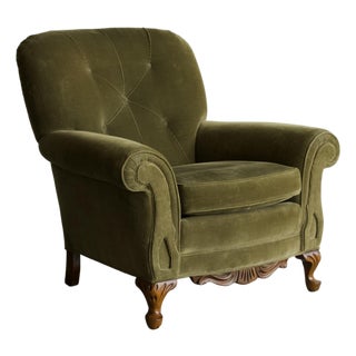 Olive Corduroy Tufted Club Chair With Carved Walnut & Scroll Arms For Sale