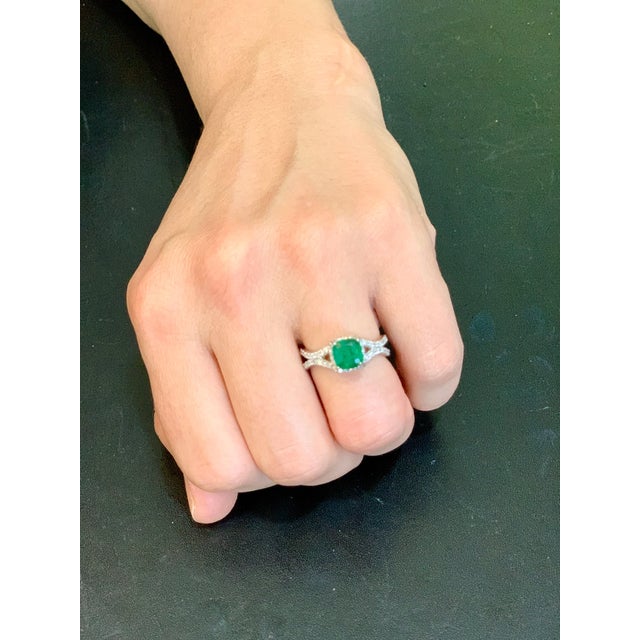 1.3 Carat Cushion Cut Emerald and 1.2 Carat Diamond Ring 14 Karat White Gold For Sale - Image 10 of 18