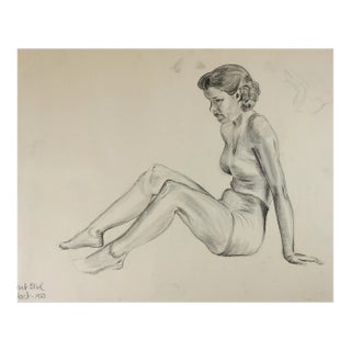 Vintage 1950 Charcoal Portrait Study Drawing of Seated Woman For Sale