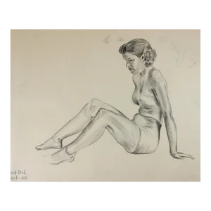 Vintage 1950 Charcoal Portrait Study Drawing of Seated Woman