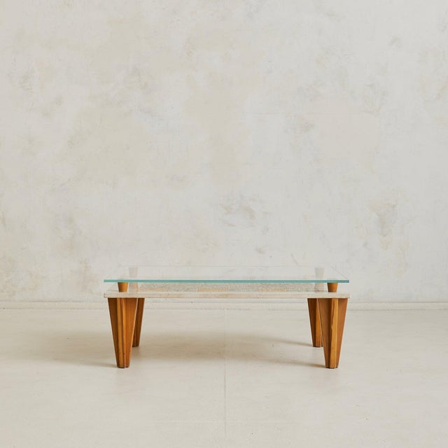 Modern Italian Travertine Coffee Table with Painted Motifs + Glass Top, 1970s For Sale - Image 3 of 7
