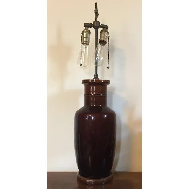 Early 20th Century Antique Chinese Brown Porcelain Rouleau Shape Vase Table Lamp For Sale - Image 4 of 13