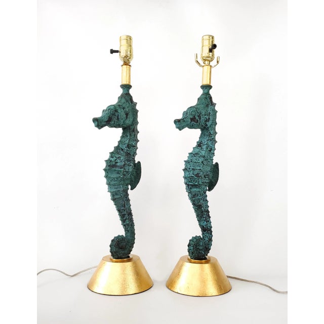 Verdigris Lamp Pair Seahorses For Sale - Image 8 of 15