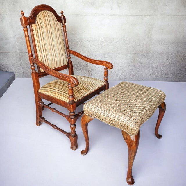 Tan Vintage Carved Oak Armchair & Matching Ottoman Set For Sale - Image 8 of 12
