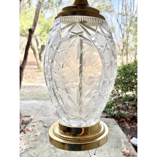 Contemporary Dresden 1970s Vintage Pair of Cut Rose Flower Crystal Oval Gold Brass Lamps For Sale - Image 3 of 12