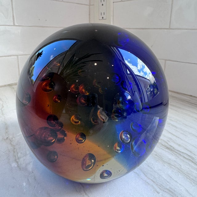 Blue Large 10 Lbs. Studio Art Glass Sphere Controlled Bubble Orb Murano Style Decor Rainbow Paper Weight For Sale - Image 8 of 13