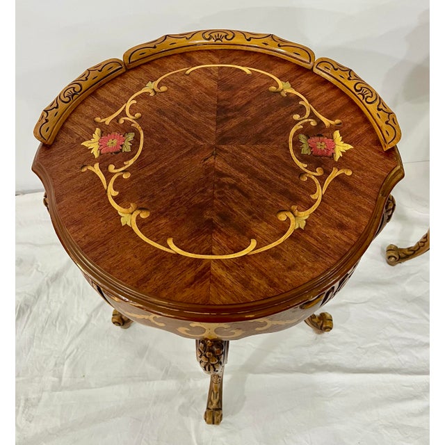 Vintage French Carved Walnut Side Table – 1930s Elegant 1930s French walnut side table with floral inlay, scalloped round...