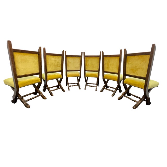 Set of 6 Spanish Revival Mahogany Dining Chairs With Yellow Velvet Upholstery, 1970s For Sale In Los Angeles - Image 6 of 17
