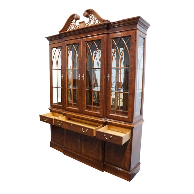 Brown Ethan Allen 18th Century Mahogany Collection 70" Pierced Wood Pediment Lighted Display China Cabinet 22-6549 For Sale - Image 8 of 15
