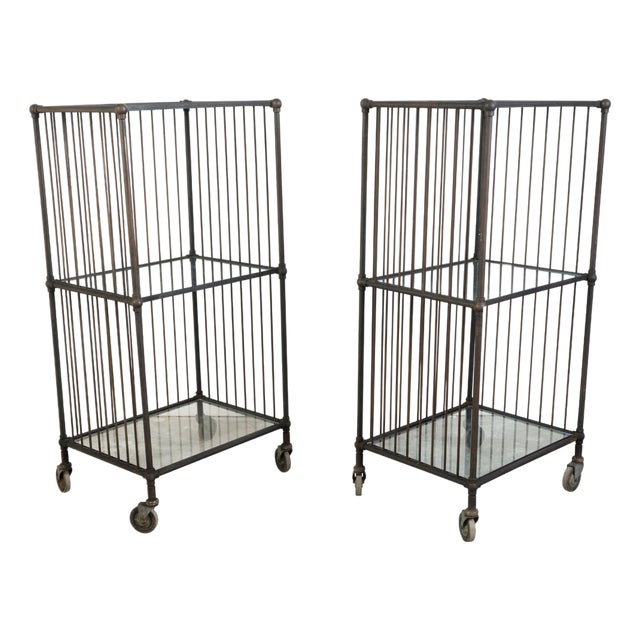 Vintage Industrial Carts with Glass Shelves and Casters, Sold Individually For Sale