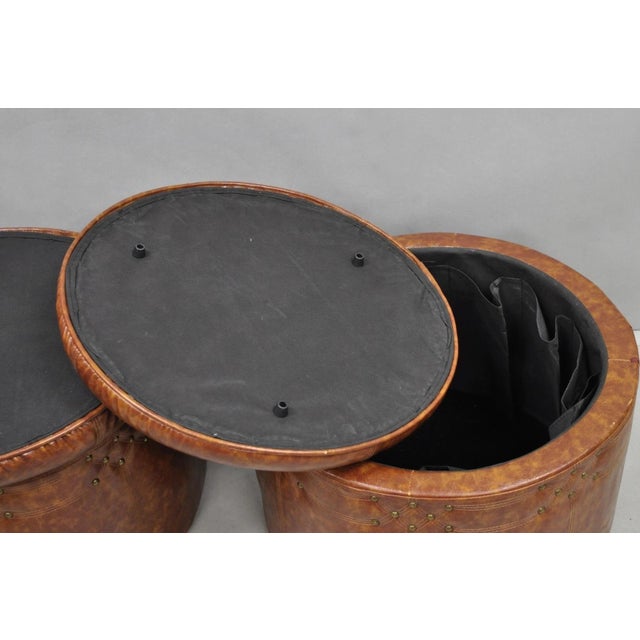 Contemporary Modern Moroccan Style Brown Faux Leather Round Storage Ottoman Pair For Sale - Image 12 of 15