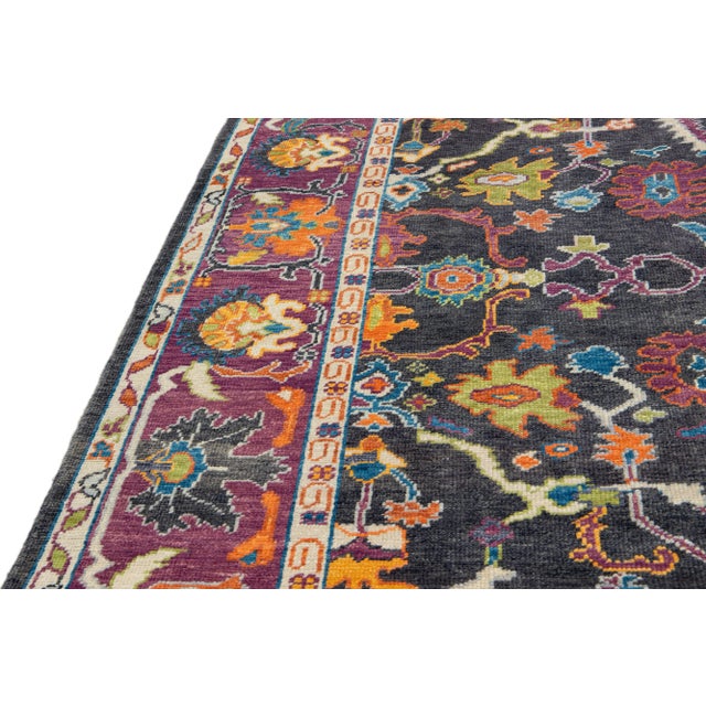Modern Oushak Handmade Allover Floral Grey and Purple Wool Rug For Sale - Image 12 of 13