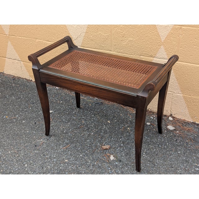 Mid-Century Modern Vintage Wood and Cane Seat Piano or Vanity Bench For Sale - Image 3 of 9
