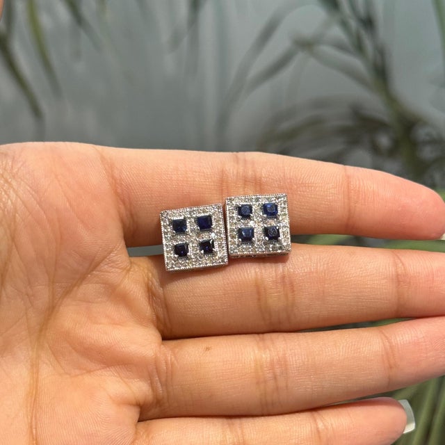 Art Deco Blue Sapphire & Diamond Square Halo Wedding Stud Earrings - 2 Pieces For Sale - Image 9 of 13
