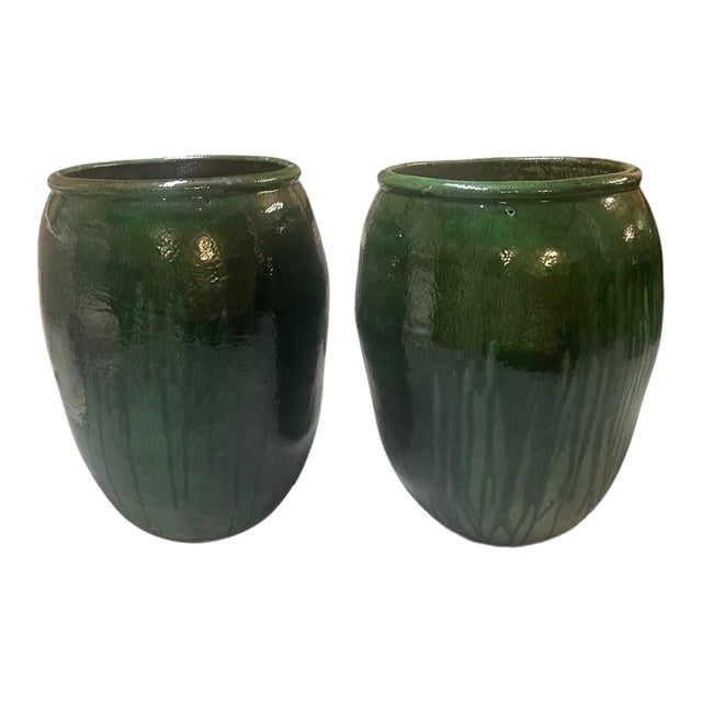 Pair of Vintage Emerald Green Glazed Ceramic Planters For Sale