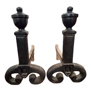 Vintage Black Wrought Iron Andirons With Urn Finials, a Pair For Sale