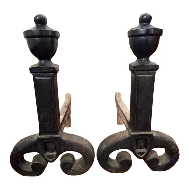 Vintage Black Wrought Iron Andirons With Urn Finials, a Pair For Sale