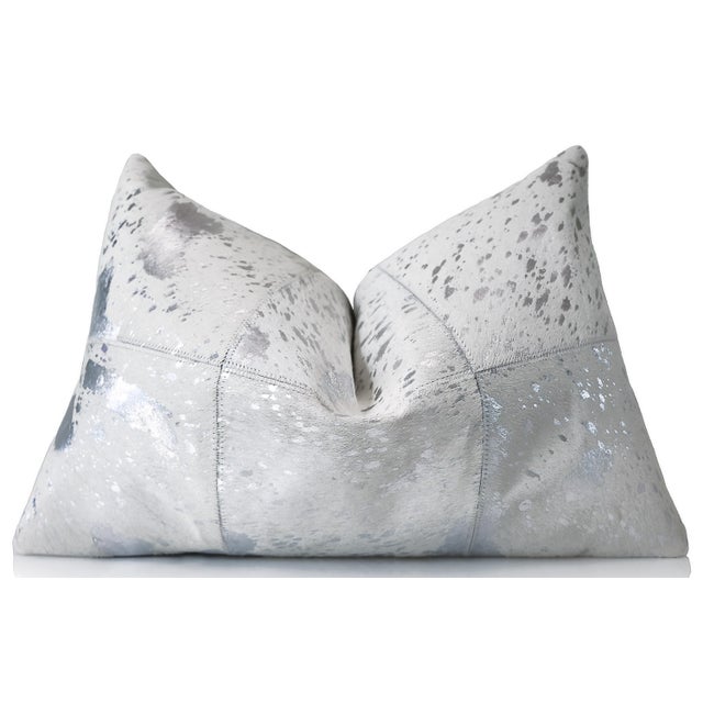 Contemporary Luxury Silver Cowhide Leather Throw Pillow 16x24 | Handmade Metallic Designer Lumbar Cushion For Sale - Image 3 of 10