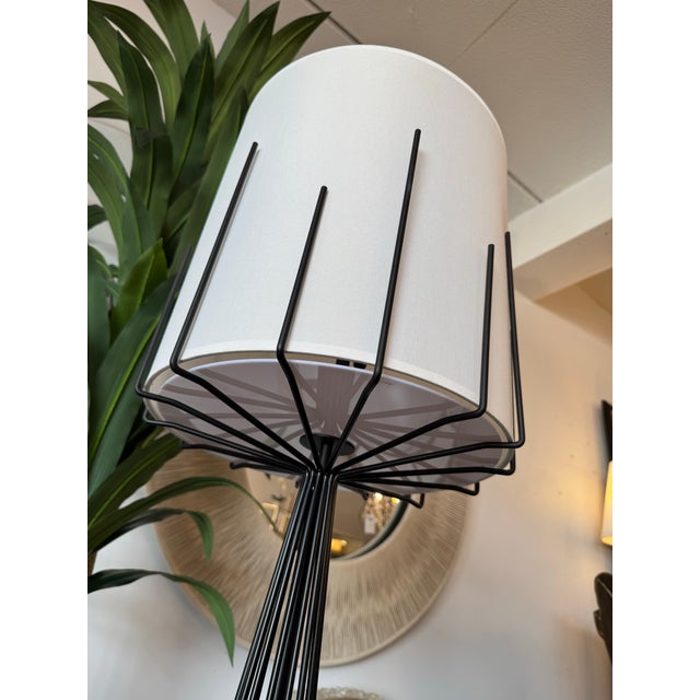 Satin black finish on wire frame designed floor lamp, satin black finish on mounting.