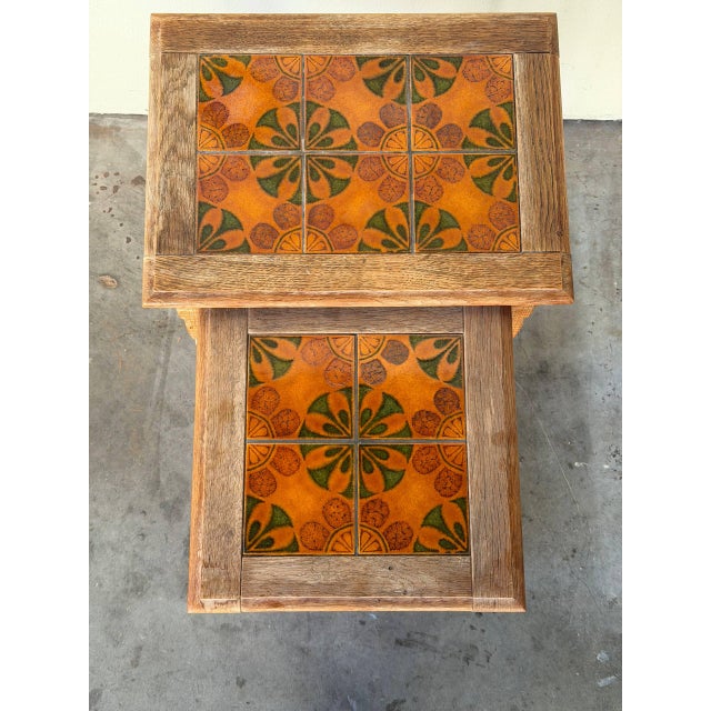 Mid 20th Century Vintage Danish Oak Nesting Tables With Decorative Tile Inlays For Sale - Image 5 of 9
