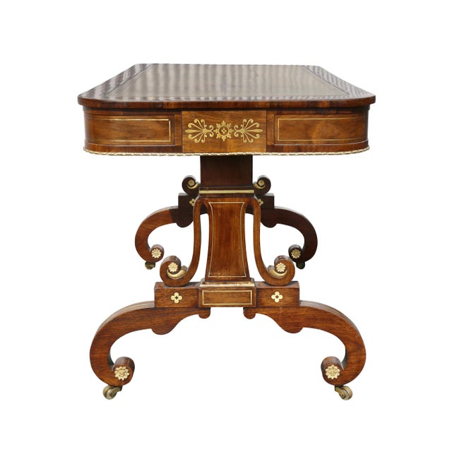 Regency Rosewood and Brass Inlaid Writing Table For Sale - Image 4 of 13