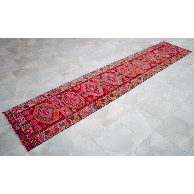 Red 1960s Vintage Hand-Knotted Colorful Runner Rug 2x13 Ft Approx For Sale - Image 8 of 16