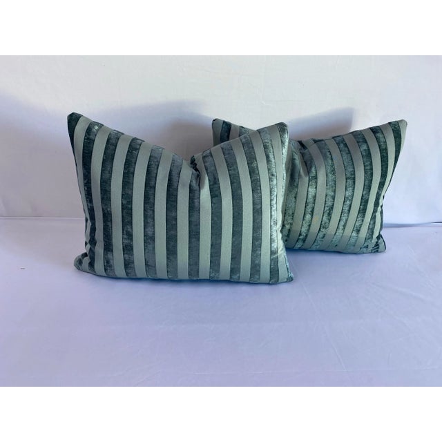 Early 21st Century Turquoise Stripe Velvet Pillows- a Pair For Sale - Image 4 of 6