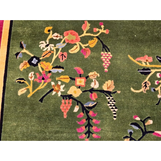 Art Deco Vintage Chinese Art Deco Area Rug, Floral Design, Sage Green & Purple For Sale - Image 3 of 12