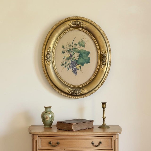 Antique late Victorian botanical hand colored grape lithograph, circa 1880–1900, displayed in an ornate oval gilt gesso-...