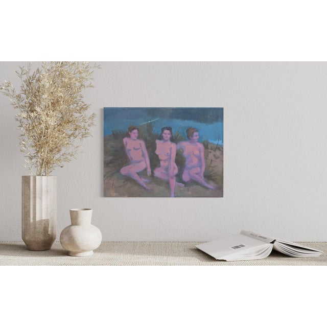 Three women and their connection to ritual and nature appear in this original oil painting, inspired by a found vintage...