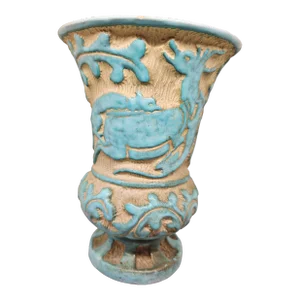Vintage 1950s Mid Century Modernist Saca Italian Art Pottery, Deer/Wolf Sgraffito Jardiniere Urn Vase Turquoise