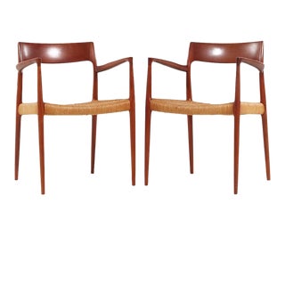 Niels Moller Model 57 Mid Century Danish Teak and Rope Captains Dining Chairs - Pair For Sale