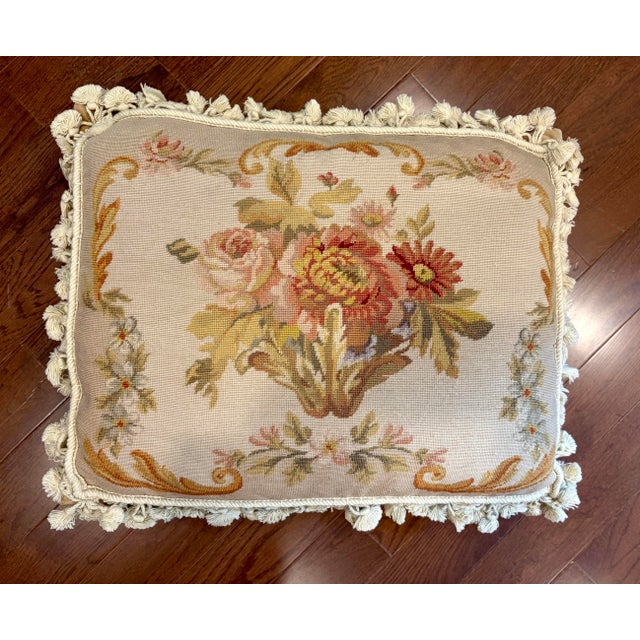 Beige Vintage French Country Style Floral Needlepoint Throw Pillows – Set of 2 For Sale - Image 8 of 12