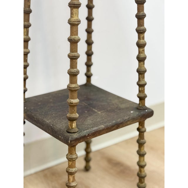 Petite Antique Spool Leg Side Table Two Tier Plant Stand, Pedestal, Wooden Top For Sale - Image 12 of 14