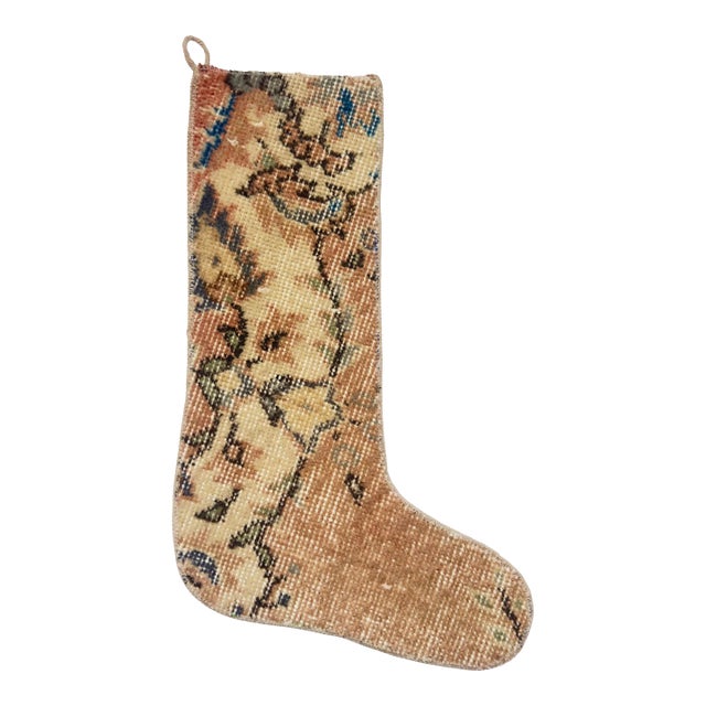 One of a Kind Vintage Wool Kilim Christmas Stocking – Camel & Rust Vine Pattern, 12.2 X 18.1 in – Boho Turkish Holiday Decor For Sale