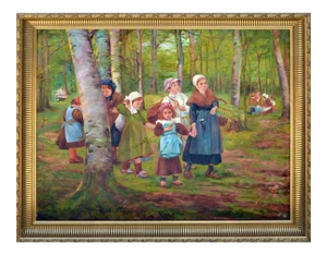 French Scene of a Dutch Family in the Forest Oil on Canvas 1930